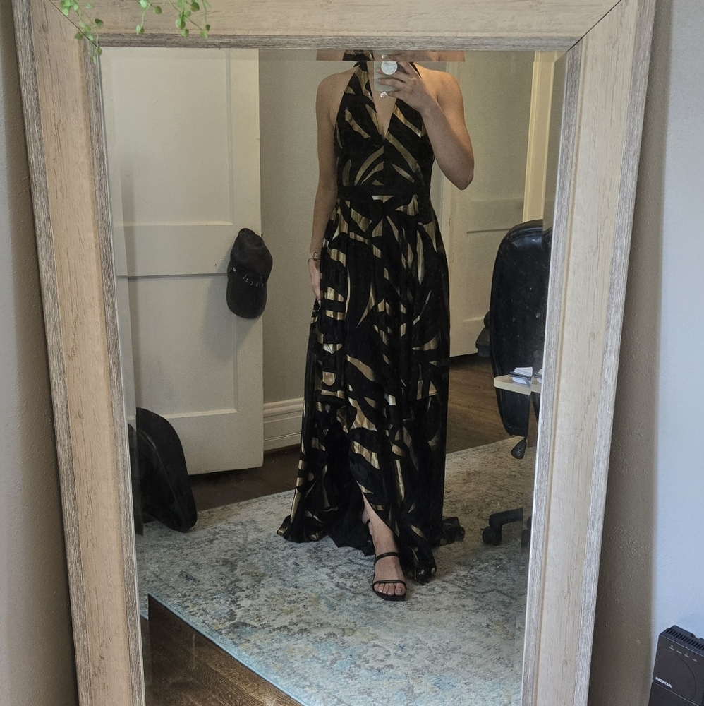 Halston Heritage Metallic Combo Black Gold handkerchief skirt gown